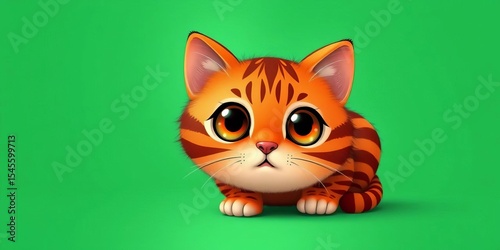 Wallpaper Mural A chubby red tiger cat with big eyes on an emerald green background, whimsical kawaii style,  colorful,  fluffy Torontodigital.ca