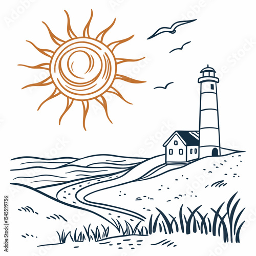 Sunny coastal landscape lighthouse seascape illustration