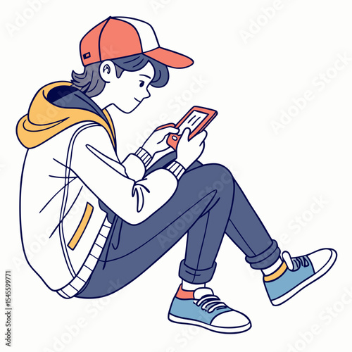 Teenager playing handheld video game sitting floor