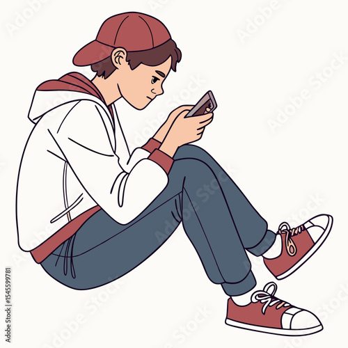 Teen boy sitting using smartphone, clean cutout
