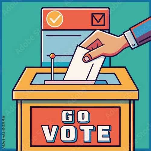 A Minimalist Illustration of a Hand Depositing a Ballot into a Yellow Ballot Box with Go Vote Text voting