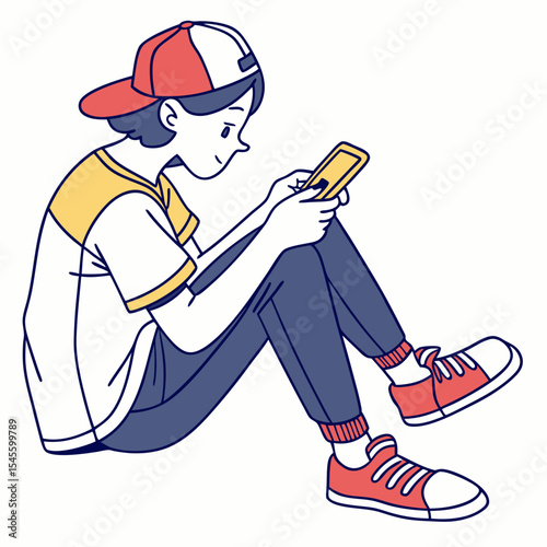 Teenager boy sitting using smartphone casual style