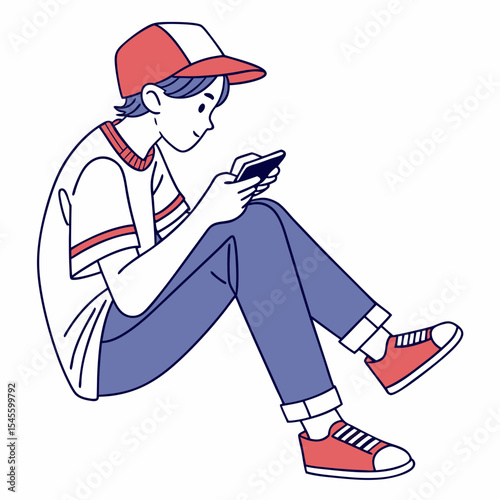 Boy sitting floor using smartphone casual style