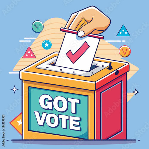 A Hand Inserts a Ballot with a Red Checkmark into a Yellow and Red Ballot Box that Says Got Vote Minimalist Vector Illustration