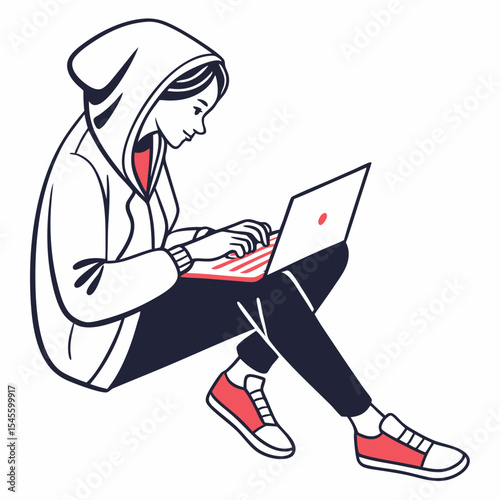 Young woman in hoodie using laptop computer