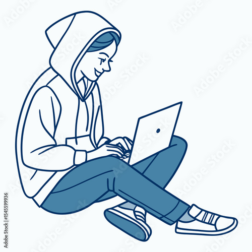 Young woman in hoodie using laptop computer