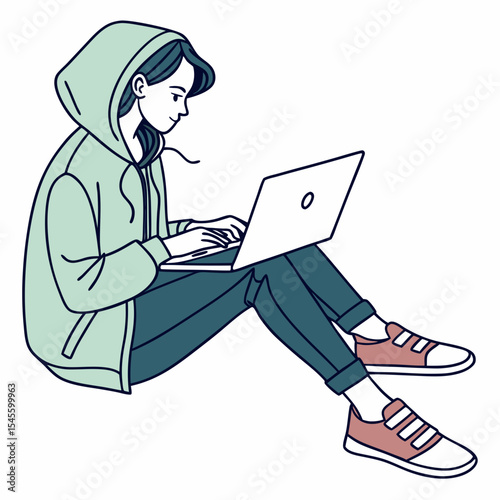Young woman working on laptop casual attire