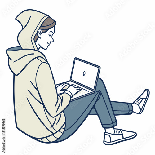 Young person working on laptop while sitting