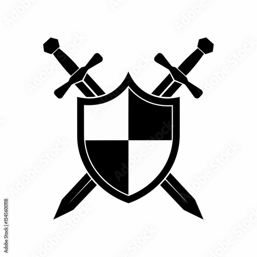 This high-quality vector graphic features a minimalist black shield (quartered) and crossed swords, emphasizing protection, combat, and clean design with fine details.