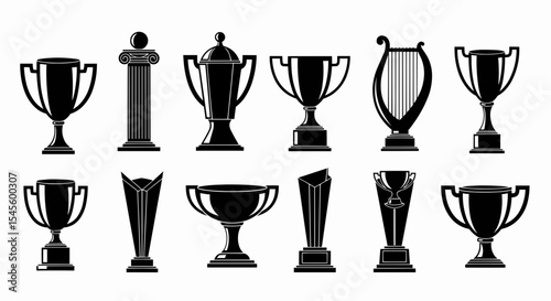 This high-quality vector set features nine distinct minimalist black silhouette trophy and award icons in various shapes and sizes, emphasizing achievement and clean design.