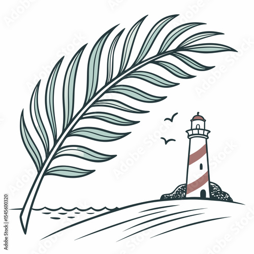 Coastal scene palm leaf lighthouse illustration