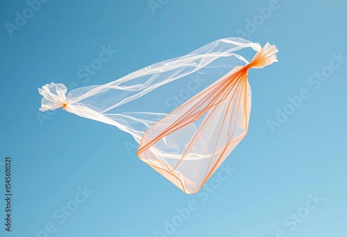 A plastic bag, caught in a gust of wind, drifts against a blue sky,  view,  element