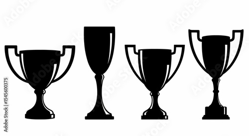 This high-quality vector set features four distinct minimalist black trophy silhouettes in various cup shapes with/without handles, emphasizing achievement and clean design.