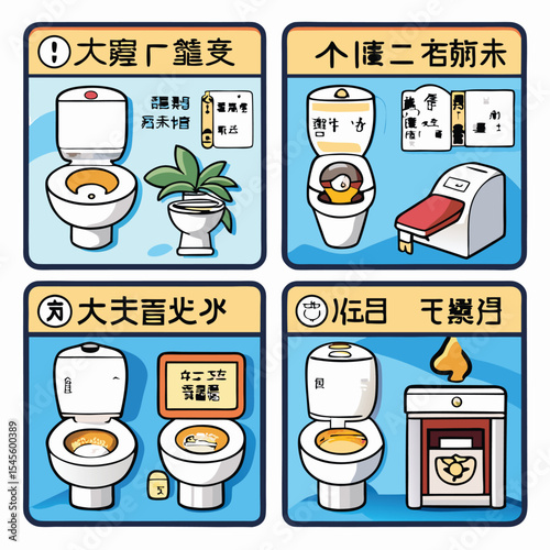 A Set of Minimalist A4 Sized Japanese Toilet Signs Illustrating Toilet Usage Instructions with Cartoonish Toilets and Plants