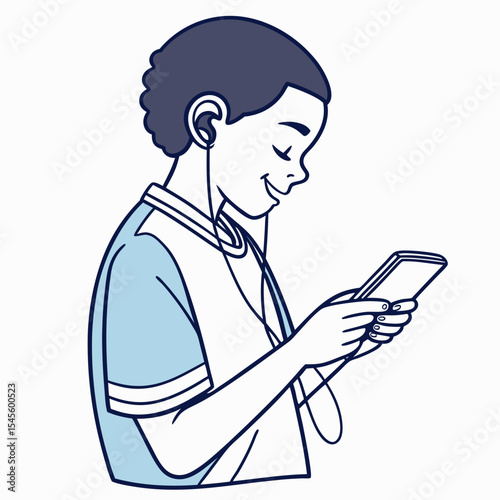 Boy listening music smartphone earbuds happy smiling