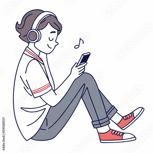 Person listening music headphones smartphone sitting floor