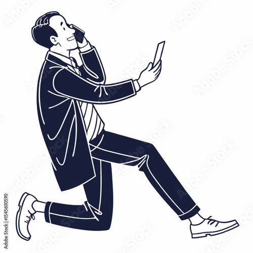 Businessman kneeling using phone and tablet on white background