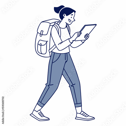 Young woman backpacker using tablet digital map