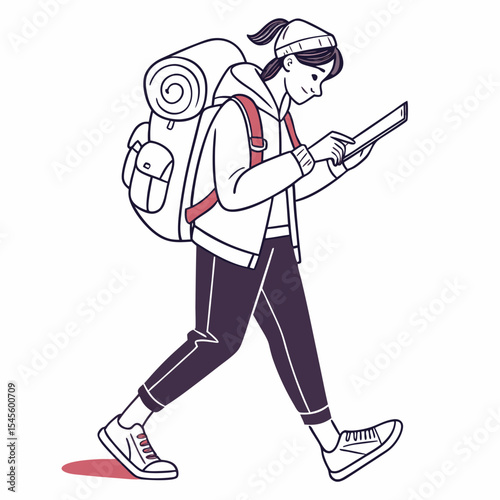 Young backpacker walking uses tablet navigation app