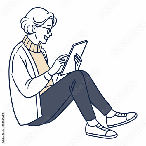 Senior woman using tablet, sitting floor, clean cutout