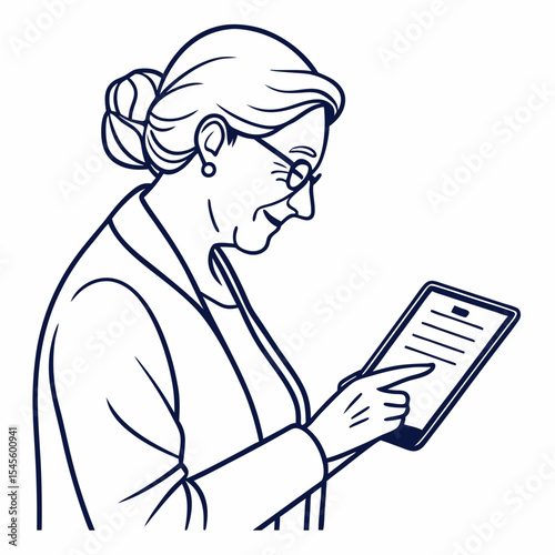 Elegant senior woman using tablet, clean cutout