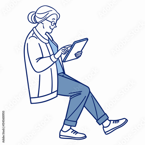 Senior woman sitting using tablet digital device