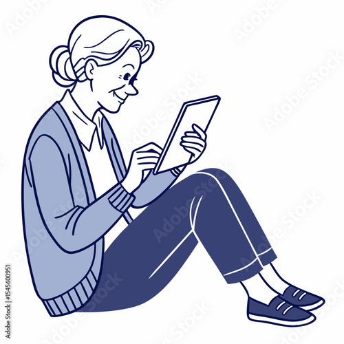 Senior woman sitting using tablet digital device
