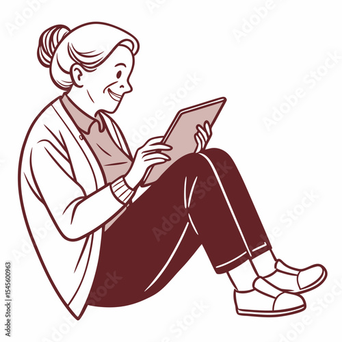 Senior woman sitting floor using tablet happy