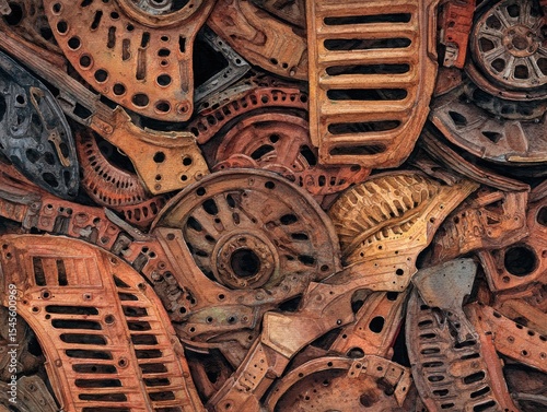 A dense, layered collage of rusty, weathered metal parts, exhibiting various shapes, sizes, and degrees of corrosion; showcasing intricate details and textures of industrial detritus