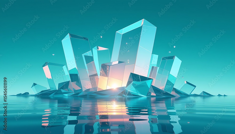 Fototapeta premium Abstract Crystal Cityscape Sunrise Over a Glassy Metropolis