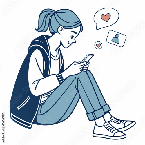 Girl sitting cross legged using smartphone social media
