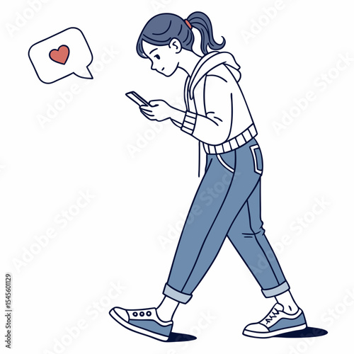 Girl walking using smartphone receiving love message