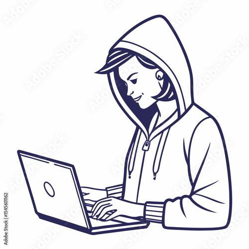 Woman in hoodie using laptop computer working online