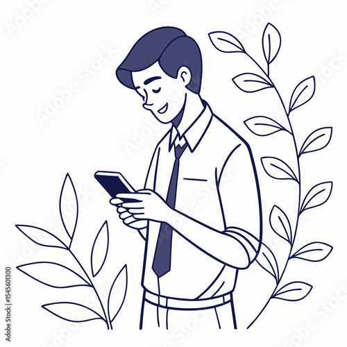 Businessman using smartphone surrounded by leaves