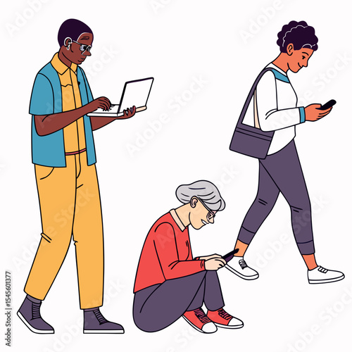 Diverse people using technology laptop phone tablet