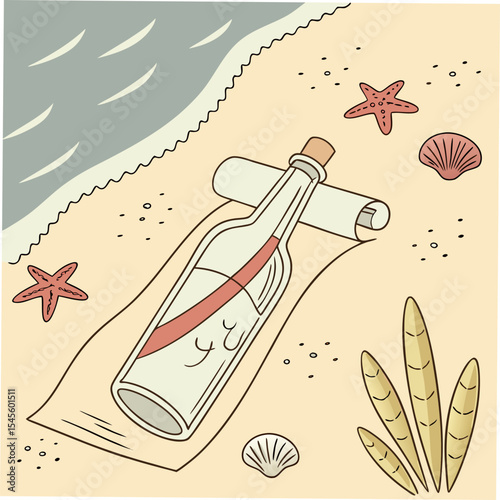 Message in a bottle on sandy beach illustration