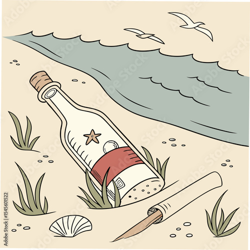 Message in a bottle beach scene illustration