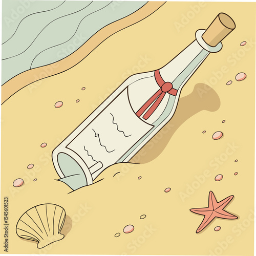Message in a bottle beach scene illustration