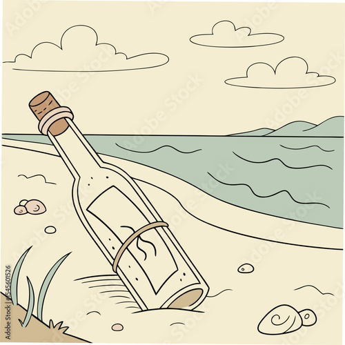 Message in a bottle on beach scene illustration