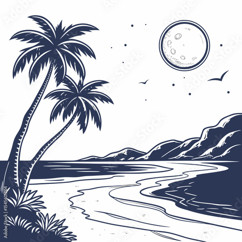 Tropical night scene palm trees moonlit beach