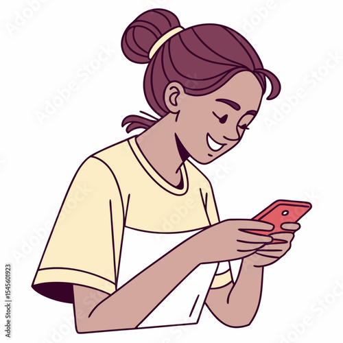Happy young woman using smartphone smiling
