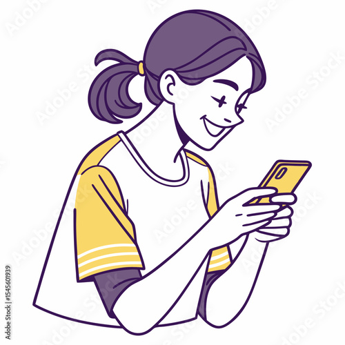 Happy young woman using smartphone smiling