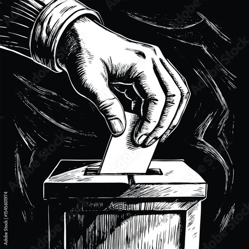 Black and White Line Art Hand Placing Ballot in Wooden Ballot Box Election Voting Concept vector