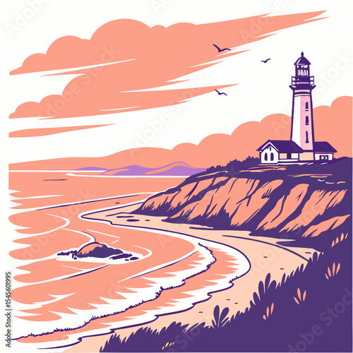 Coastal lighthouse sunset scene, clean cutout image