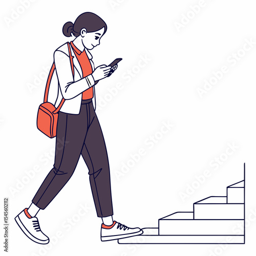 Young woman walking up stairs using phone