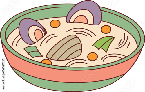 Delicious clam noodle soup in a bowl illustration.
