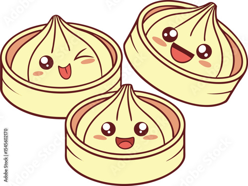 Three cute cartoon bao buns in steamers.