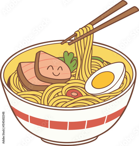 Cute cartoon ramen bowl with chopsticks.