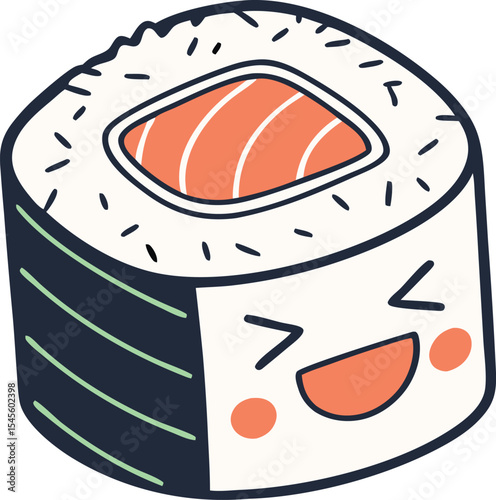 Cute cartoon sushi roll with salmon.