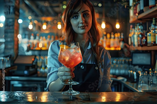 High Quality Visual of Mixology and Bar Night Life Bartender Girl Makes a Cocktail